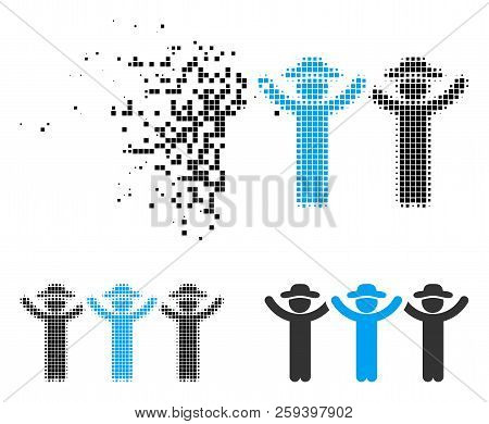 Gentlemen Hands Up Roundelay Icon In Dispersed, Dotted Halftone And Original Variants. Particles Are