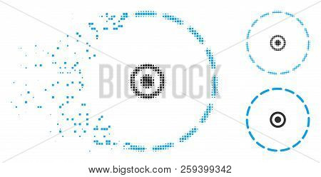Circle Area Icon In Dispersed, Pixelated Halftone And Whole Versions. Pieces Are Combined Into Vecto