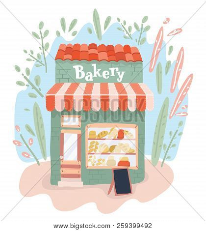 Bakery Shop Building Front View On The Street. Bakery Store Outdoors. Vector Cartoon Illustration In