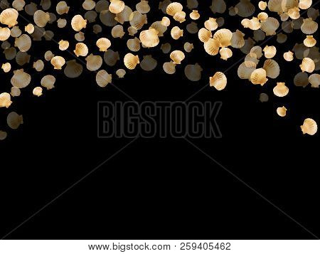 Gold Seashells Vector, Golden Pearl Bivalved Mollusks. Ocean Scallop, Bivalve Pearl Shell, Marine Mo