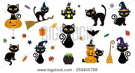 Happy Halloween. Mega Set Of Black Cat With Yellow Eyes In Different Poses With A Pumpkin, On A Broo