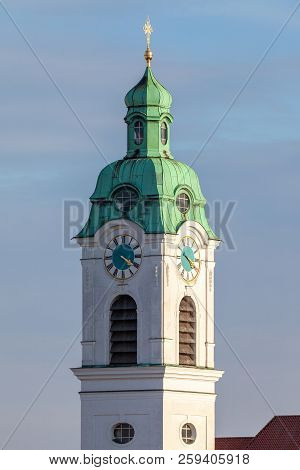 Clock Tower From The Saint Heinrich Parish Church In Fuerth / Germany