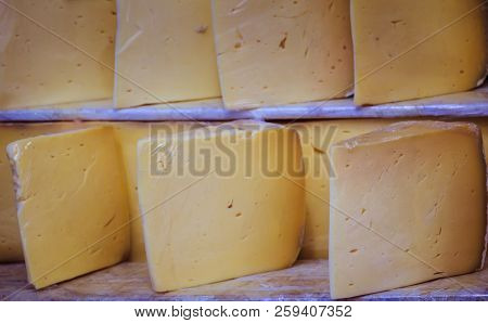 Cuts Of Kashkaval Or Kasseri  Cheese For Sale On The Shelf