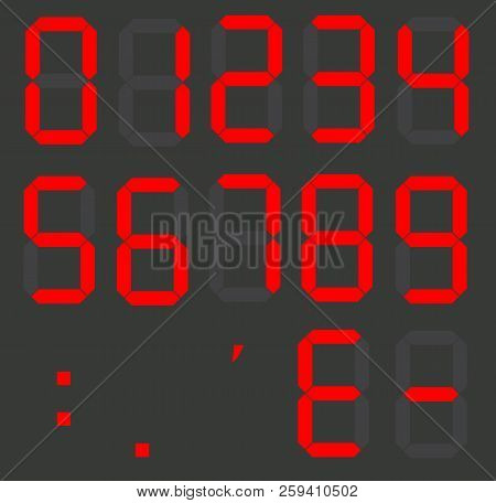 Set Of Calculator Digital Numbers. Electronic Figures. Lcd Digital Number. Red Clock Digital.