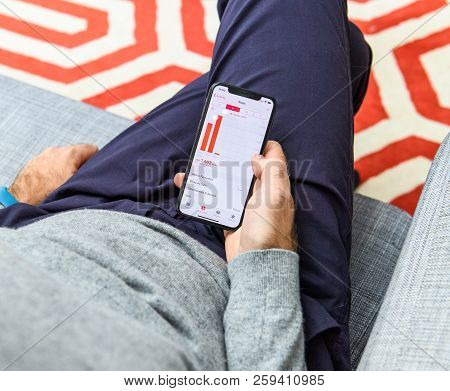 London, Uk - Sep 21, 2018: Man Using The New Apple Iphone Xs With The Immense Oled Retina Display An