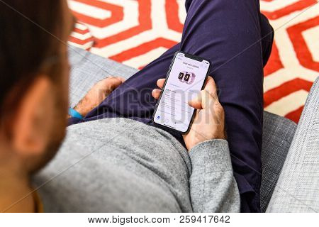 London, Uk - Sep 21, 2018: Man Using The New Apple Iphone Xs With The Immense Oled Retina Display An