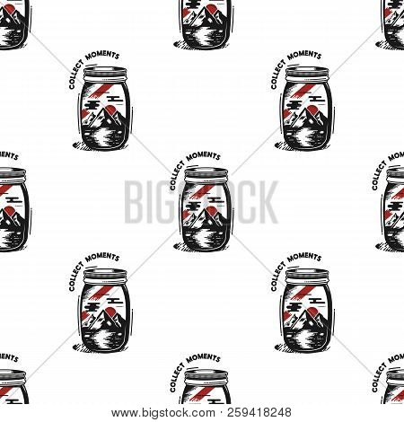Travel Jar Seamless Pattern In Silhouette And Red Retro Style. Vintage Hand Drawn Camping Symbols Wa