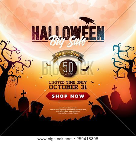 Halloween Sale Banner Illustration With Moon, Crow And Flying Bats On Orange Night Sky Background. V
