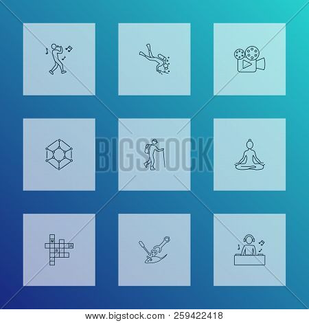 Hobby Icons Line Style Set With Singing, Making Toy, Cinema And Other Disco Elements. Isolated Vecto