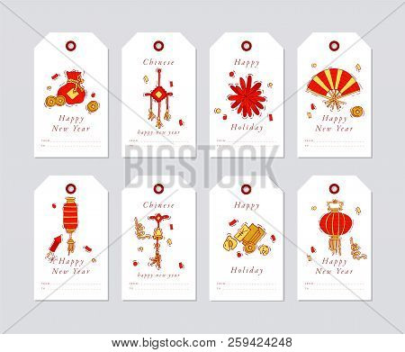Vector Linear Design For Chinese New Year Greetings With Traditional Elements And Itams On White Bac