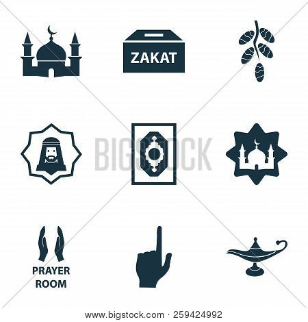 Religion Icons Set With God, Dates, Masjid And Other Pray  Elements. Isolated  Illustration Religion