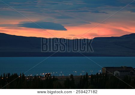 Stunning Sunset Sky Over Lake Argentino View From The Town Of El Calafate, Patagonia, Argentina