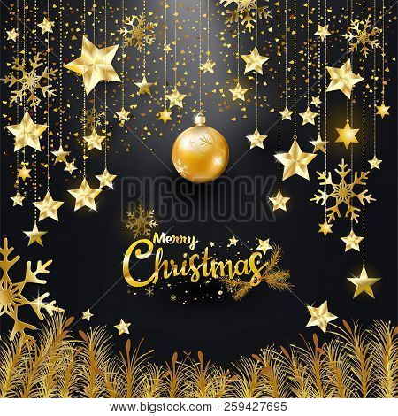 Gold Glitter Merry Christmas And Happy New Year Typography, Luxury Elegance Design For Christmas Ban
