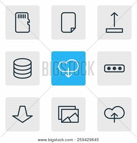 Vector Illustration Of 9 Memory Icons Line Style. Editable Set Of Document, Pull, Database And Other
