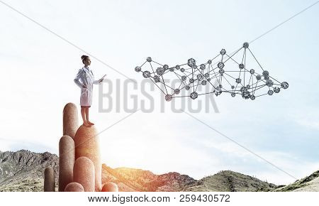 Young Female Doctor With Folder In Hands Satnding On Stone Column. 3d Rendering