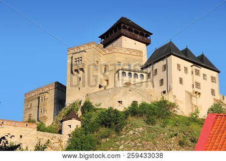 Castle In Trencin, Slovakia In Povazie Region. Medieval Fortress On A Hill.