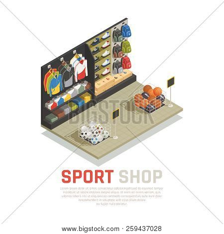 Sport Shop Isometric Composition Shelves With Back Packs Clothing And Shoes Gaming Equipment Vector 