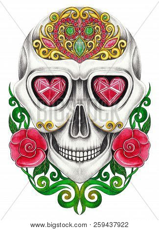 Art Sugar Skull Day Of The Dead. Hand Pencil Drawing On Paper.