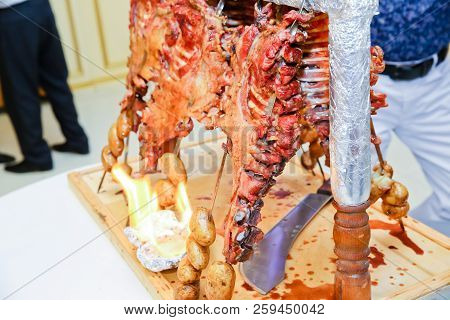 Roasted Meat Over An Open Fire, Cooked In A Special Way.barbecue Is Prepared Of Lamb Or Sheep Meat A