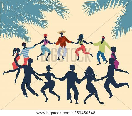 Cuban Rueda, Or Group Of People Dancing Salsa In A Circle Under Tropical Palm Trees