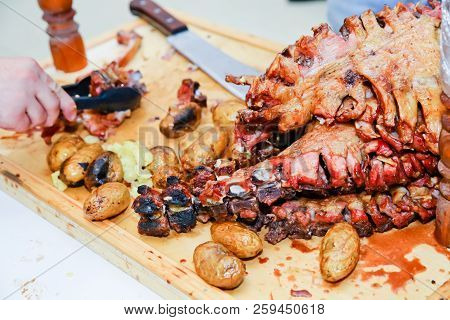Roasted Meat Over An Open Fire, Cooked In A Special Way.barbecue Is Prepared Of Lamb Or Sheep Meat A