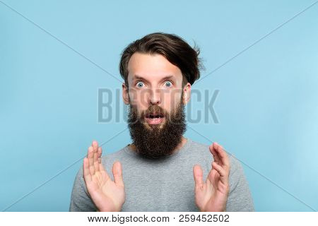 Omg Unbelievable Shock Amazement. Dumbfounded Man With Open Mouth. Portrait Of A Young Bearded Guy O