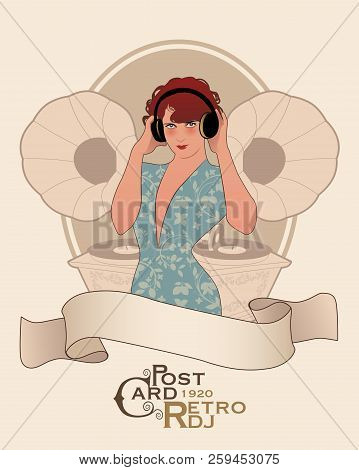 Vintage Postcard. Dj Woman Retro Style With Headphones Among Vintage Gramophones