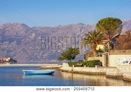Beautiful Winter Mediterranean Landscape.  Montenegro, Adriatic Sea, Bay Of Kotor , View Of Dobrota 
