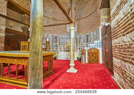 Cairo, Egypt - December 23, 2017: The Wooden Altar Standong Under The Wooden Ciborium And Marble Cho