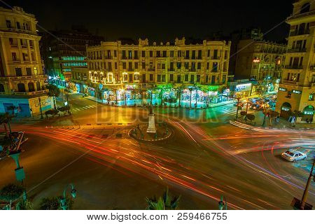 The Evening Traffic In Tallat Harb Square In Cairo, Egypt