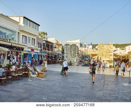 Bodrum, Turkey - July 5, 2018. People Walking In The Carsi Mahallesi, Cevat Sakir Square At Bodrum D