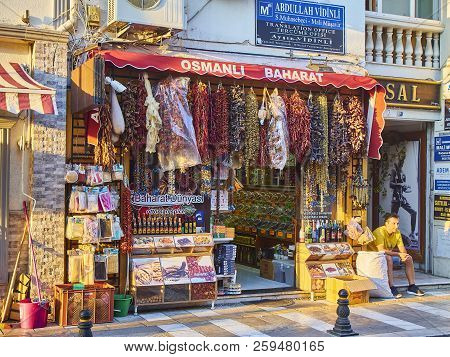 Bodrum, Turkey - July 5, 2018. A Turkish Spices Shop In A Street Of Bodrum Downtown. Mugla Province,
