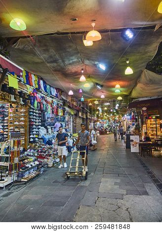 Bodrum, Turkey - July 5, 2018. Citizens Working On The Streets Of Bodrum Downtown Bazaar. Mugla Prov