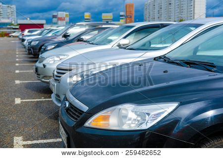 Moscow, Russia - September, 20, 2018: Cars on a parking on a park-and-ride parking near Annino metro station in Moscow, Russia