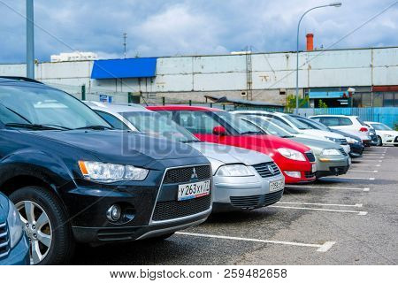 Moscow, Russia - September, 20, 2018: Cars on a parking on a park-and-ride parking near Annino metro station in Moscow, Russia