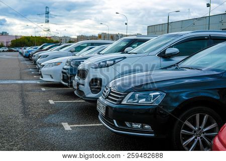 Moscow, Russia - September, 20, 2018: Cars on a parking on a park-and-ride parking near Annino metro station in Moscow, Russia