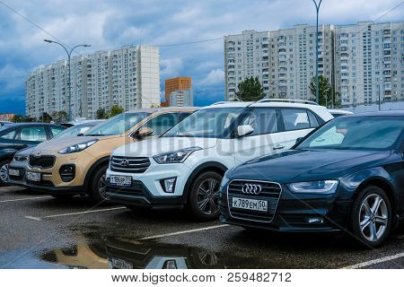 Moscow, Russia - September, 20, 2018: Cars on a parking on a park-and-ride parking near Annino metro station in Moscow, Russia