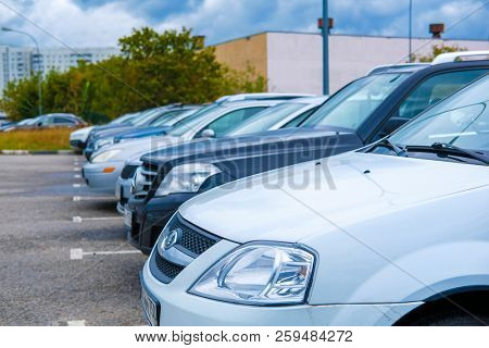 Moscow, Russia - September, 20, 2018: Cars on a parking on a park-and-ride parking near Annino metro station in Moscow, Russia