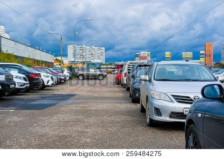 Moscow, Russia - September, 20, 2018: Cars on a parking on a park-and-ride parking near Annino metro station in Moscow, Russia