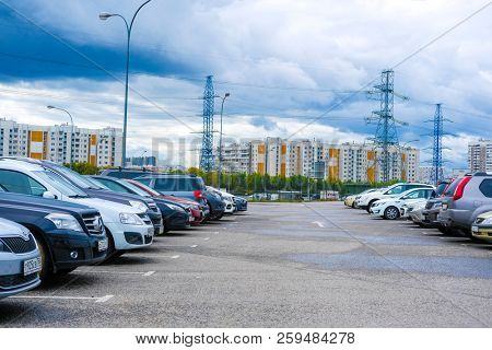 Moscow, Russia - September, 20, 2018: Cars on a parking on a park-and-ride parking near Annino metro station in Moscow, Russia