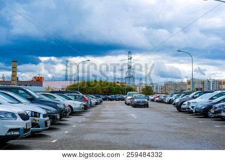 Moscow, Russia - September, 20, 2018: Cars on a parking on a park-and-ride parking near Annino metro station in Moscow, Russia
