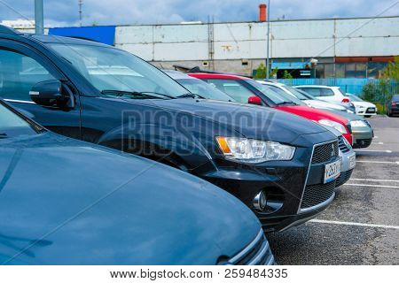 Moscow, Russia - September, 20, 2018: Cars on a parking on a park-and-ride parking near Annino metro station in Moscow, Russia