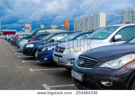 Moscow, Russia - September, 20, 2018: Cars on a parking on a park-and-ride parking near Annino metro station in Moscow, Russia
