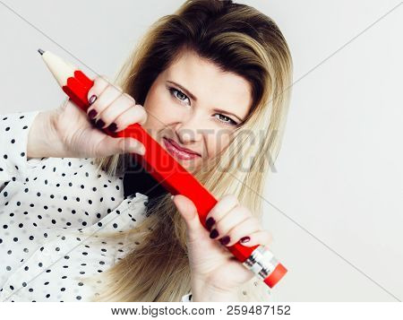 Angry Mad Woman Blonde Student Girl Or Female Teacher, Stressed Business Worker Releasing Tension By