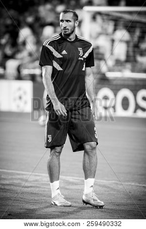 VALENCIA, SPAIN - SETEMBER 19: Giorgio Chiellini during UEFA Champions League match between Valencia CF and Juventus at Mestalla Stadium on September 19, 2018 in Valencia, Spain