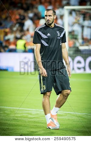 VALENCIA, SPAIN - SETEMBER 19: Giorgio Chiellini during UEFA Champions League match between Valencia CF and Juventus at Mestalla Stadium on September 19, 2018 in Valencia, Spain