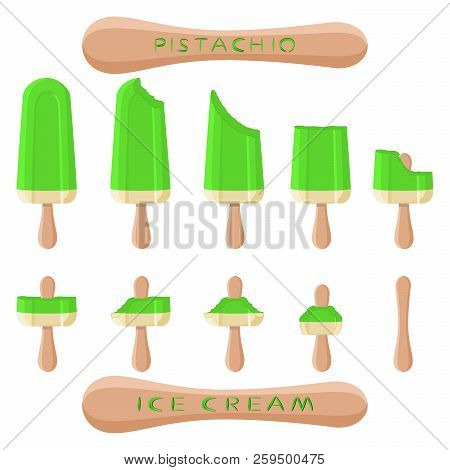 Vector Illustration Logo For Natural Pistachio Ice Cream On Stick. Ice Cream Pattern Consisting Of S