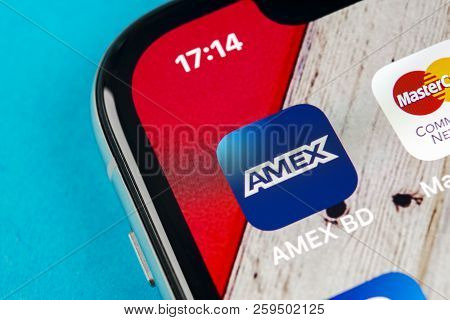 Sankt-petersburg, September 19, 2018: Amex Application Icon On Apple Iphone X Smartphone Screen Clos