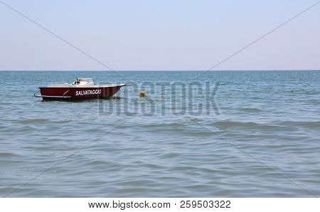 Boat With Text Salvataggio That Means Rescue In Italian Language On The Adriatic Sea In Italy
