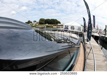 NORWALK, CT, USA-SEPTEMBER 20, 2018: Pershing 5X displayed by Allied Marine on  Progressive Norwalk Boat Show 2018.